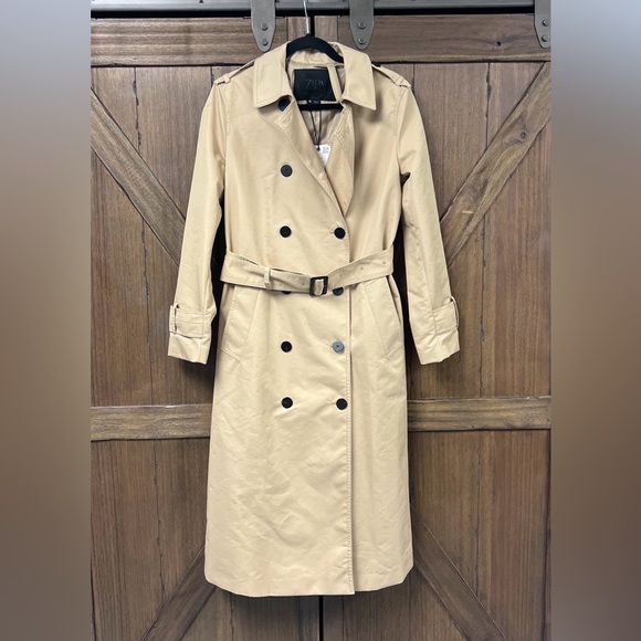 Zara Water Repellent Double-Breasted Trench Coat ZW Collection Camel Size S NWT - Picture 5 of 12